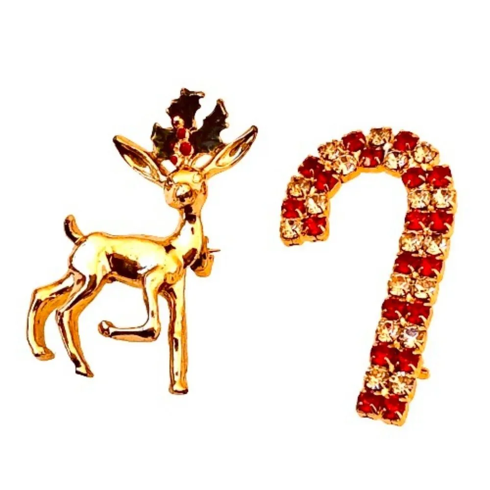 Christmas Vintage Brooch Gerrys Reindeer Enamel + Rhinestone Candy Cane